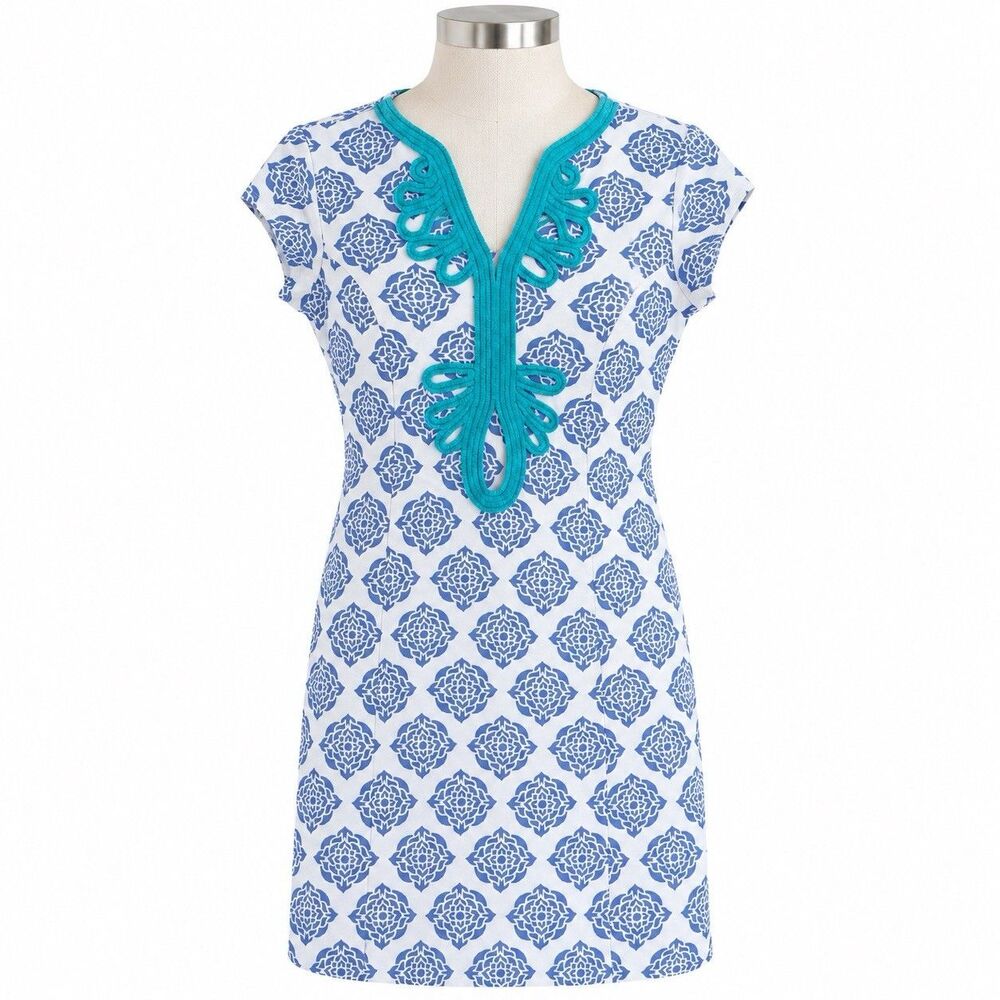 Hatley Women’s Medium Blue White Print Dress Turquoise Trim Short Sleeve